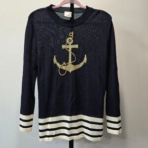 Vintage Mondi Long‎ Sleeve Knit Sweater Embroidered Anchor Blue Gold Nautical